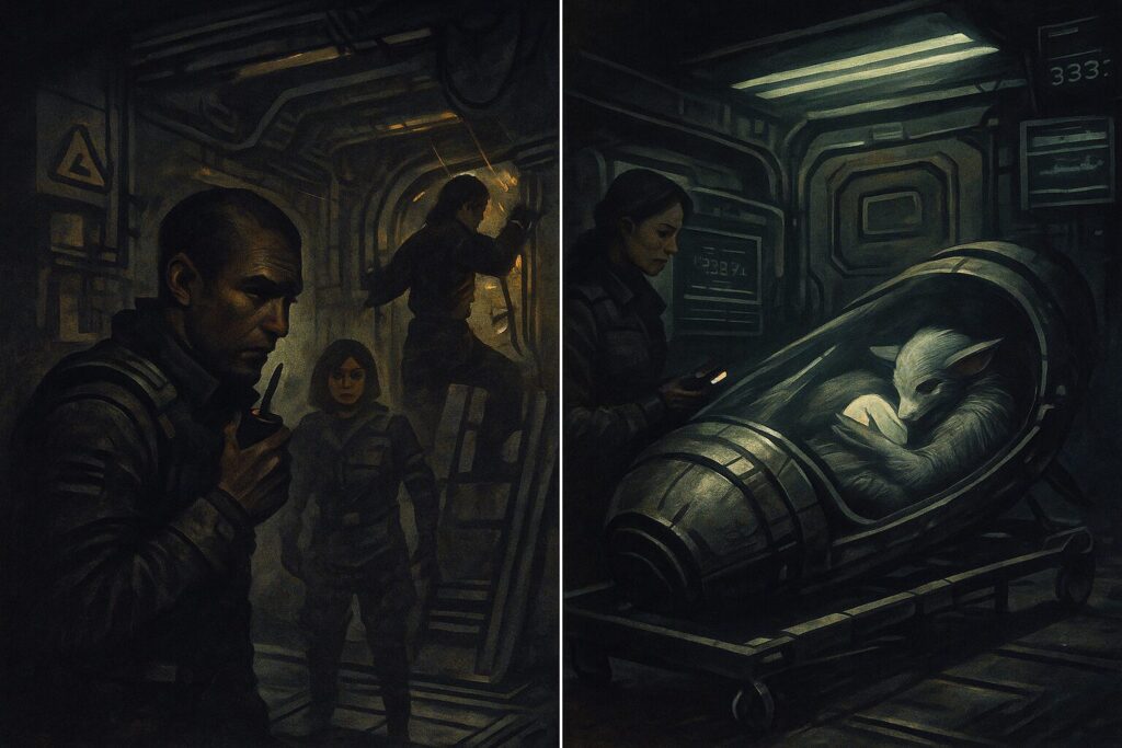 Damaged Ship and Alien Encounter